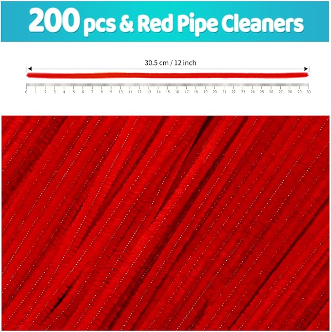 Iooleem 200pcs Red Pipe Cleaners, Chenille Stems, Pipe Cleaners for Crafts, Pipe Cleaner Crafts, Art and Craft Supplies.