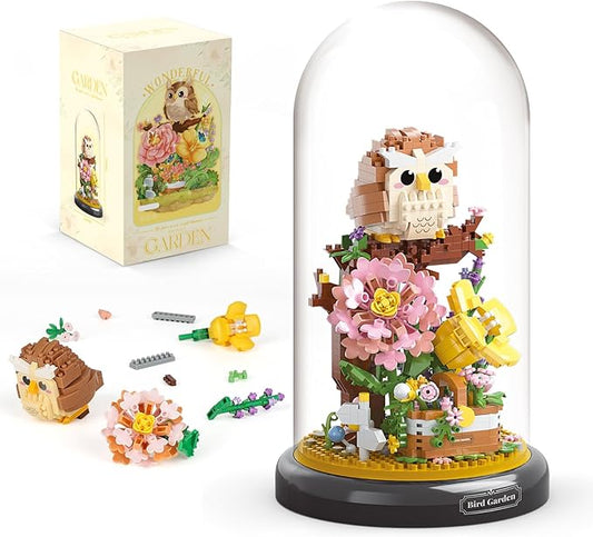 Owl Flower Bouquet Building Set for Adults, Animals Flowers Plants Decor with Dust Cover, Birthday Gift Building Toy for Boys Girls, 1123 PCS Mini Building Blocks, Not Compatible with Lego Set