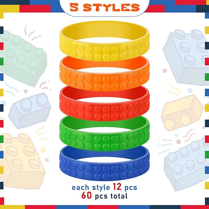 Civaner 60 Pieces Silicone Building Block Bracelets Rubber Bracelets Wristbands Colorful Birthday Party Favors for Goodie Bag Fillers Carnival Prize Supplies, 5 Colors