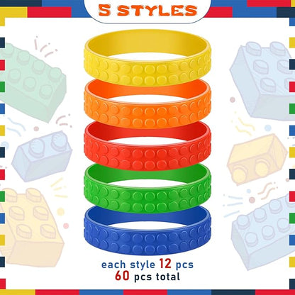 Civaner 60 Pieces Silicone Building Block Bracelets Rubber Bracelets Wristbands Colorful Birthday Party Favors for Goodie Bag Fillers Carnival Prize Supplies, 5 Colors