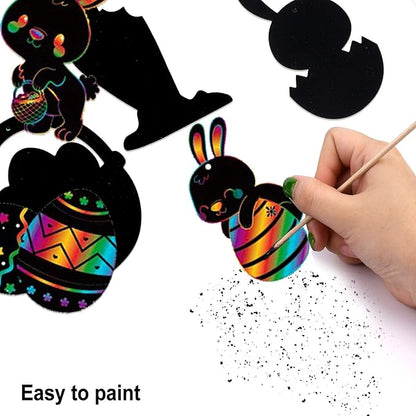 HOWAF 36pcs Easter Scratch Art for Kids Crafts Gift, Easter Egg Rainbow Scratch Art Paper for Kids Easter Drawing DIY Tags Decoration Easter Party Bag Fillers, Easter Egg Bunny Chick Carrot Basket