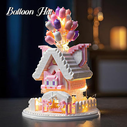 House Building Blocks Kit Toys Set, Miniature1493 Pcs Micro Bricks Collectible Creative Teen Girl Gifts Age 14 and Up, Dust Cover, and Wooden Base Up Balloon Castle Toys DIY Decoration Home