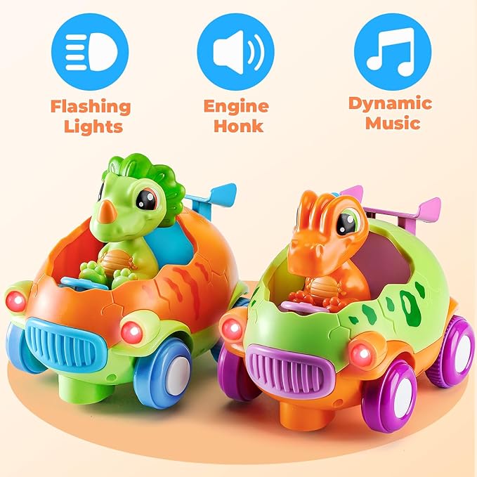 Remote Control Car for Toddlers 1-3: Dinosaur RC Cars Toys for Kids 2-4 with Led Lights Music, Christmas Birthday Gifts for 3-5 Year Old Boys, 2 Packs for Racing