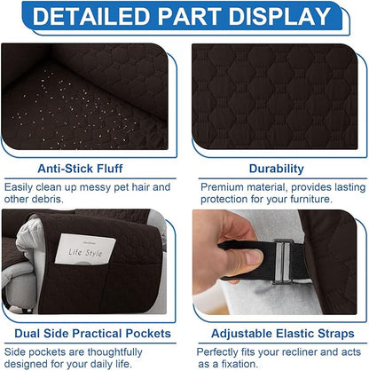 100% Waterproof Recliner Covers for Small recliners, Anti-Slip Recliner Chair Covers with 5 Pockets, Elastic Straps, Washable Recliner Protector for Kids, Pets, Dogs, Chocolate