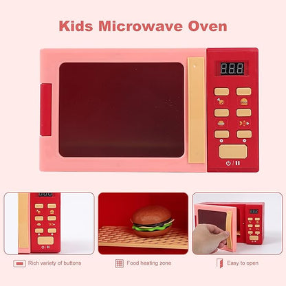 Toy Microwave Oven Playset with Light and Sound, Toy Kitchen Appliances for Kids, Play Kitchen Accessories and Toy Food for Toddlers 3 Year Old Up Girls Boys, Red
