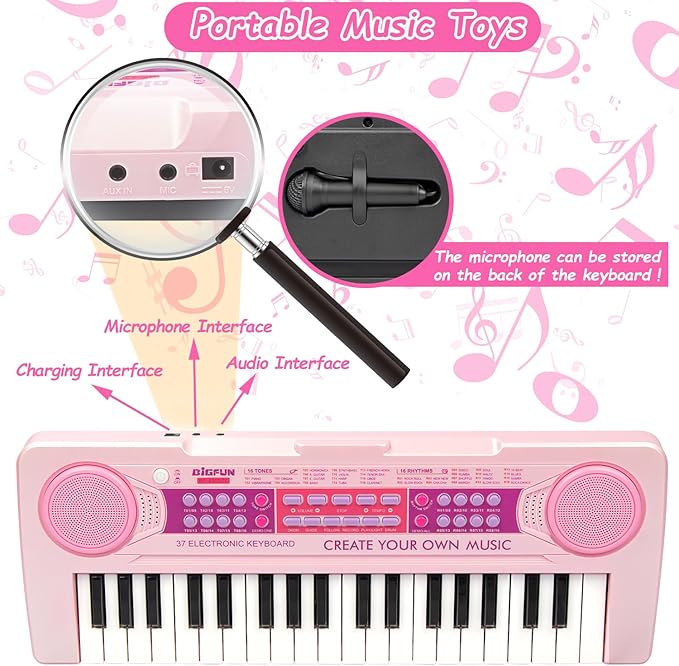 Kids Piano Keyboard Toys, 37 Keys Music Keyboard Piano for Kid with Microphone, Learning Educational Toddler Keyboard Toys for Kids Ages 3-8 (Pink)