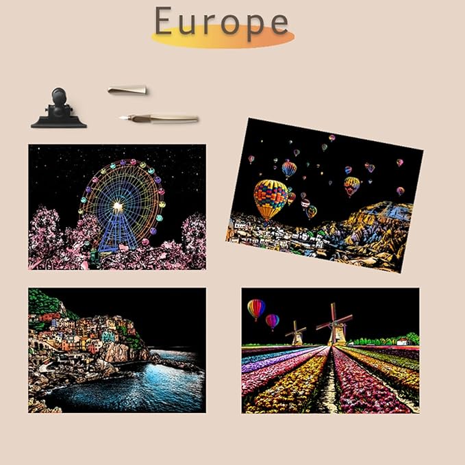 Georgie Porgy Scratch Paper Art A4 Set for Kids Adults Magic Rainbow Scratch Postcards Boards for DIY Arts and Crafts Kits Christmas Birthday Gift with Scratching Tools Kit (Europe+USA)