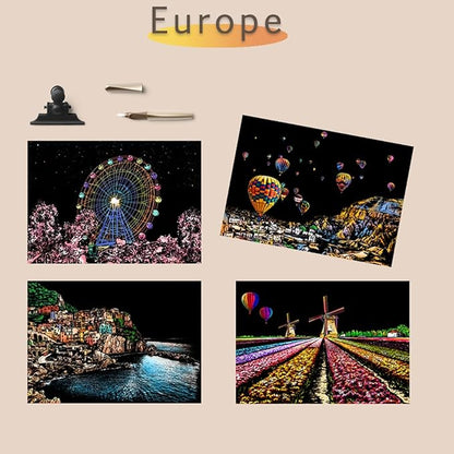 Georgie Porgy Scratch Paper Art A4 Set for Kids Adults Magic Rainbow Scratch Postcards Boards for DIY Arts and Crafts Kits Christmas Birthday Gift with Scratching Tools Kit (Europe+USA)