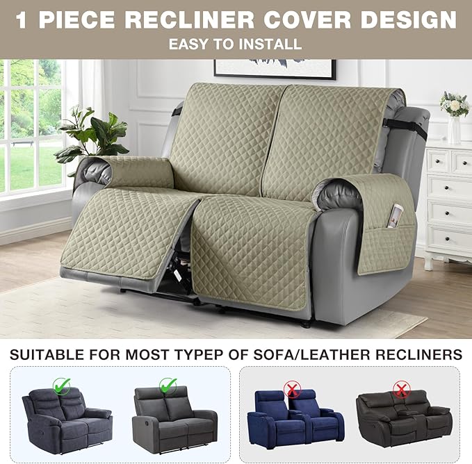 TAOCOCO Loveseat Recliner Cover Non-Slip Sofa Slipcover, Pet Cover for Loveseat Recliner with Elastic Straps, Washable Reclining Loveseat Cover Recliner Furniture Protector (2 Seater, Sand)