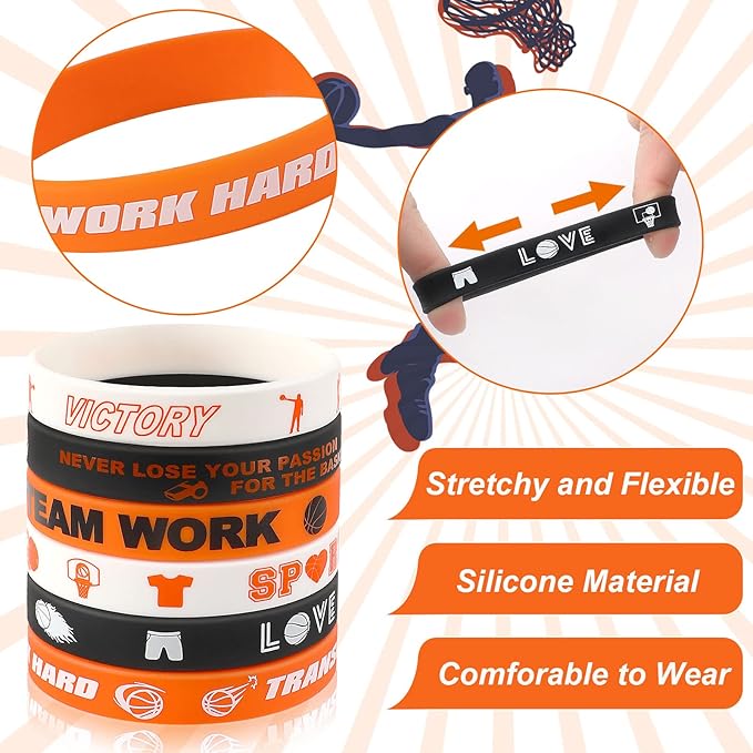 JUNEBRUSHS Basketball Motivational Silicone Wristband, 42PCS Basketball Party Favors Rubber Bracelets for Sports Gifts Sports Prize Party Decorations Rewards Supplies (6 Designs)