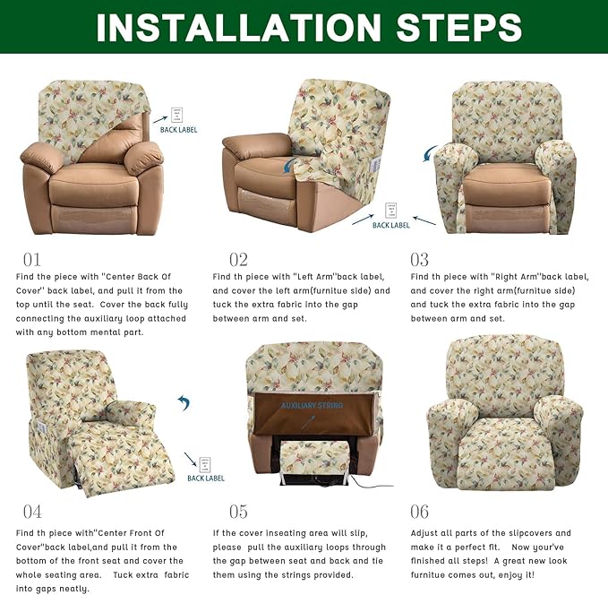 CRFATOP Printed Recliner Slipcover Stretch Reclining Chair Covers 4 Pieces Non Slip Recliner Sofa Slipcovers with Pocket Fitted Sofa Couch Cover Lazy Boy Chair Cover for Pet Kid Living Room,06