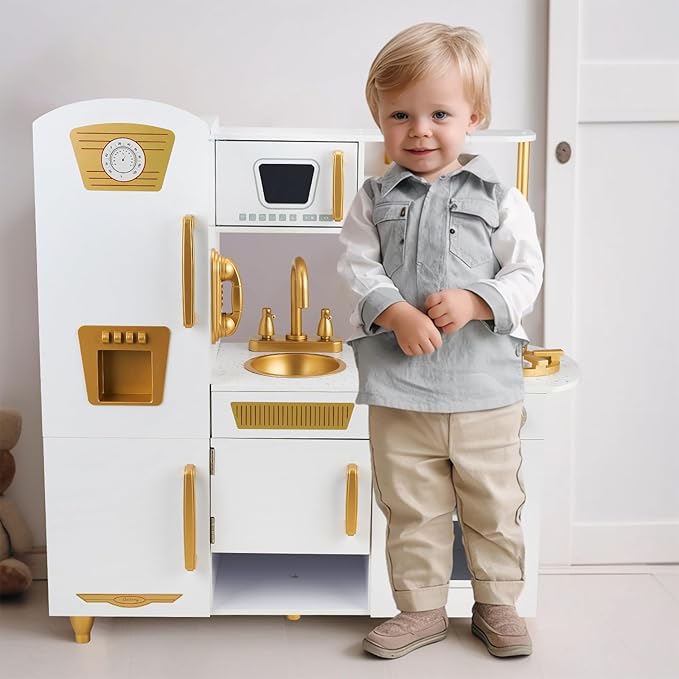 Kitchen Playset for Kids Ages 3-8, Wooden Pretend Play Kitchen with Realistic Sounds, Including Telephone, Ice Maker, Refrigerator, Dimensions: 35” H x 31” W x 12” D (White)