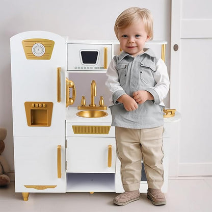 Kitchen Playset for Kids Ages 3-8, Wooden Pretend Play Kitchen with Realistic Sounds, Including Telephone, Ice Maker, Refrigerator, Dimensions: 35” H x 31” W x 12” D (White)