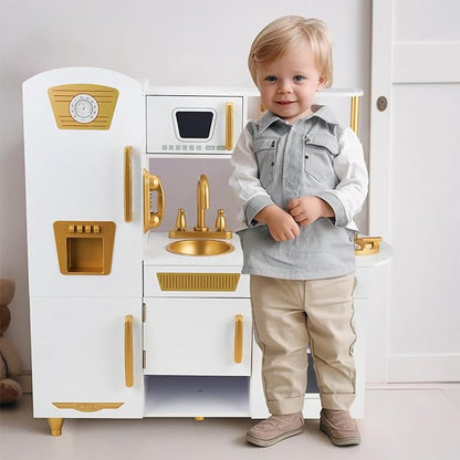 Kitchen Playset for Kids Ages 3-8, Wooden Pretend Play Kitchen with Realistic Sounds, Including Telephone, Ice Maker, Refrigerator, Dimensions: 35” H x 31” W x 12” D (White)