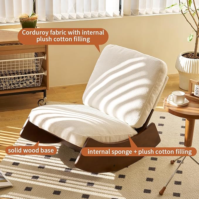 MFFM Comfortable Glider Rocking Chair, Upholstery Glider Chair, Solid Wood Frame, Perfect for Multiple Settings Accent Reading Chair for Bedroom,Living Room,Nursery (White)