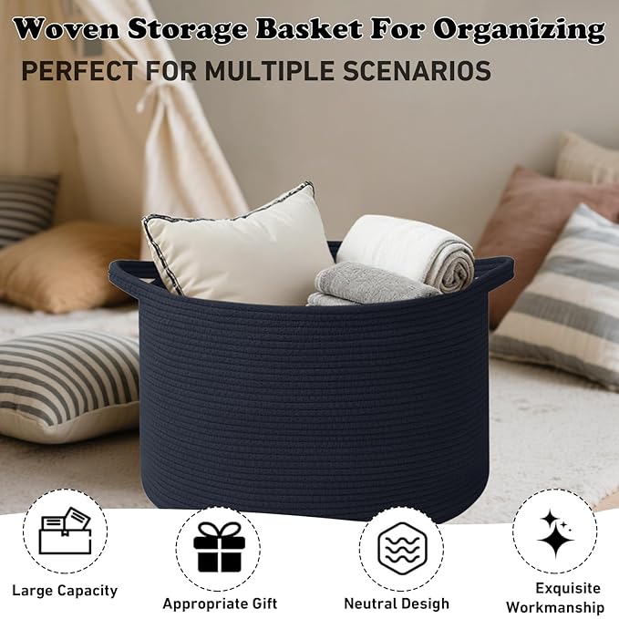 65L Large Blanket Basket,Cotton Rope Woven Storage Basket with Handles, Laundry Hamper for Toys, Clothes, Pillows & Towels, Perfect for Living Room, Nursery & Bedroom,Navy