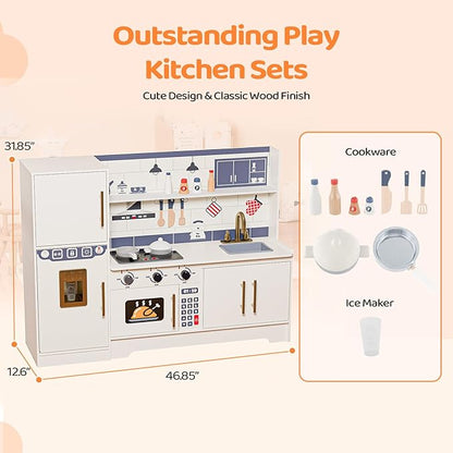JOYMOR Kids Wooden Play Kitchen Sets, New Modern Children's Wooden Toy Kitchen w/Refrigerators & Ample Play Kitchen Accessories, Ideal Pretend Playset Gift for Toddlers