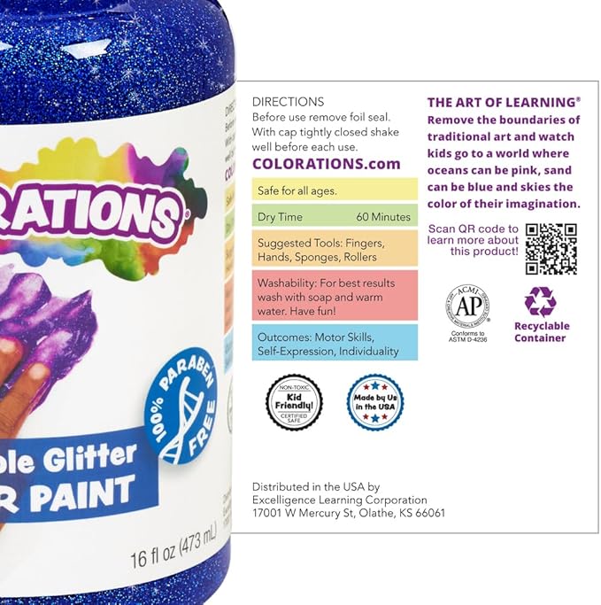 Colorations® Turquoise Washable Glitter Finger Paint, 16oz, Paint, Washable Paint, Finger Paint, Kids Paint, Washable Paint For Kids, Finger Paints For Toddlers Non-Toxic, Tempera Paint, Toddler Paint