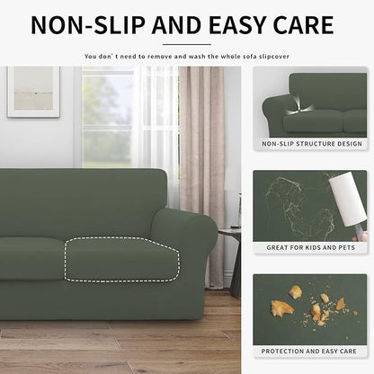 Easy-Going 100% Dual Waterproof Loveseat Cover Stretch Soft Couch Cover for Dogs, Sofa Slipcover for 2 Separate Cushion Couch Leakproof Furniture Protector for Kids, Pets Grayish Green
