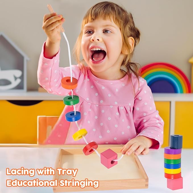 Adena Montessori Wooden Lacing with Tray Stringing Bead Set Toy,Montessori Wooden Beads Shape Sequencing Set for 1 2 3 Year Old Toddler,Fine Motor Skills Preschool Educational Learning for Kids Gifts