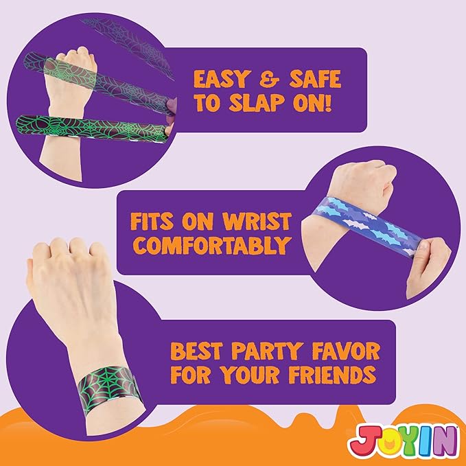 JOYIN 120 PCS Halloween Slap Bracelets Party Favors for Kids - 24 Designs Bracelets for Halloween Decorations, Halloween Treat Bag Stuffers, Non-candy Gift