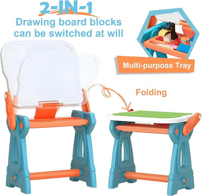 Kids Art Easel with Stool,2-in-1 Double-Sided Kids White Board Easel and Building Block Activity Table-Includes 88 Building Blocks, Art Easel for Kids 3-5, Toys for Toddlers, Boys and Girls