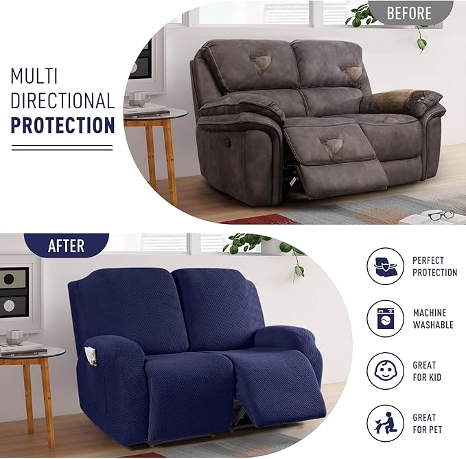 KinCam Recliner Covers, Stretch Reclining Chair Covers, Recliner Sofa Slipcovers Stripe Jacquard Recliner Couch Covers Furniture Protector Covers for Pet Kid (2 Seater, Dark Blue)