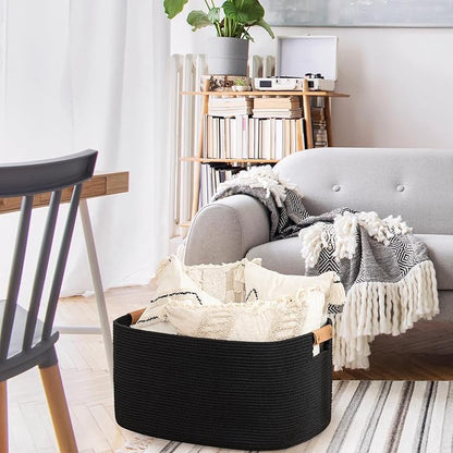 danpinera Large Woven Basket, 108 L Blanket Basket for Living Room, Nursery Bin for Toys Organizing & Laundry, Cotton Rope Hamper with Leather Handle, 25’’*16’’*16’’ Black