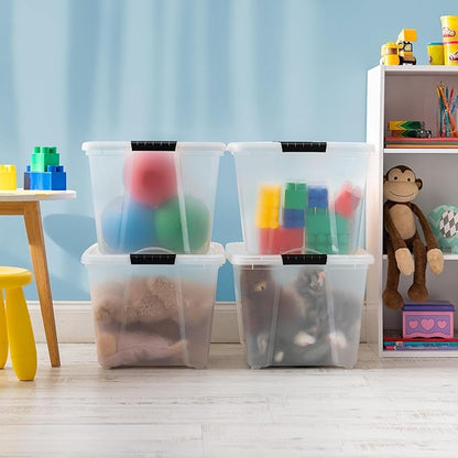IRIS USA 54 Qt Stackable Plastic Storage Bins with Lids, 6 Pack - BPA-Free, Made in USA - See-Through Organizing Solution, Latches, Durable Nestable Containers, Secure Pull Handle - Clear