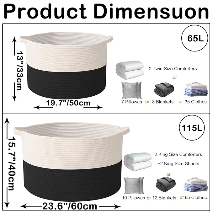 65L Large Blanket Basket,Cotton Rope Woven Storage Basket with Handles, Laundry Hamper for Toys, Clothes, Pillows & Towels, Perfect for Living Room, Nursery & Bedroom,White&Black