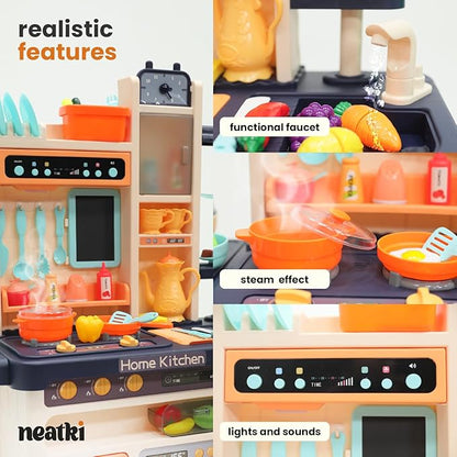 Kids' Play Kitchen Set, 65-Piece Toy Set for Toddlers, 27.95 x 11.22 x 36.81 Inch, with Functional Faucet, Realistic Steam Effects, Lights and Sounds (Blue)