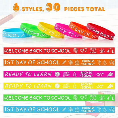 Welcome Back to School Rubber Bracelets 30 PCS First Day of School Bracelet Gifts Silicone Wristbands for Students Kids Party Favors Supplies Decorations Classroom Prizes Rewards Goodie Bags Stuffers