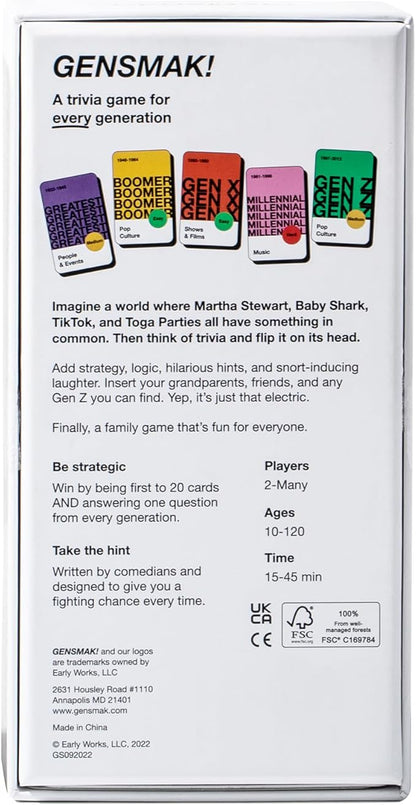 GENSMAK! Party Game - Engaging Multi-Generational Trivia Game with Comedic Hints - Fun for Family and Friends, Adults and Teens - Ages 10+, 2+ Players, 10+ Min Playtime (Packaging May Vary)