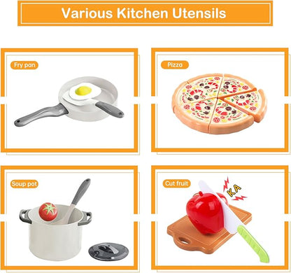 150Pcs Kitchen Playset, Toddlers Pretend Cooking Cookware Accessories, Food, Picnic Blanket, Fruits, Veges, 2Pack Shopping Storage Basket, Dessert and Prop Money, Gift for Kids (White)