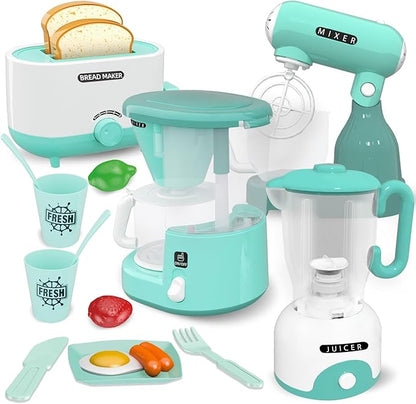 Kids Play Kitchen Accessories Toys Set, Pretend Play Kitchen Appliances Kit - Blender, Coffee Maker, Mixer, Toasters with Light & Sound, Playhouse Role Play Toy Gift for Girl Ages 3 4 5 6