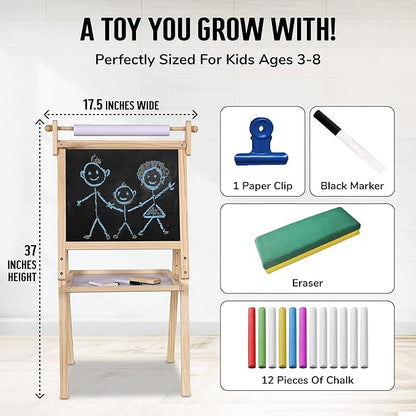 Kraftic Deluxe Standing Art Easel for Kids - Toddler Drawing Chalkboard, Magnetic Whiteboard, Dry Erase Board, Paper Roll and Accessories