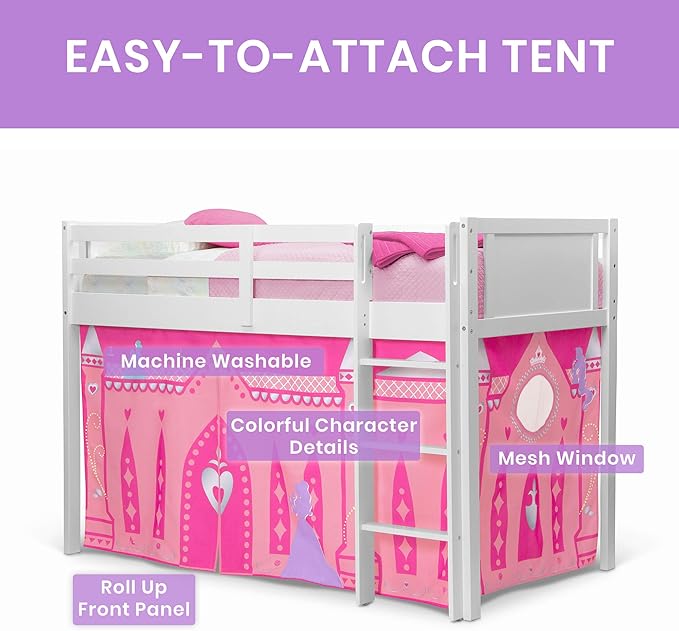 Delta Children Twin Loft Bed with Guardrail and Ladder + Tent (Bundle), White/Disney Princess
