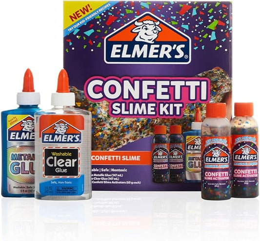 Elmer’s Confetti Slime Kit | Slime Supplies Include Metallic Glue, Clear Glue, Confetti Magical Liquid Slime Activator, 4 Count