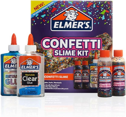 Elmer’s Confetti Slime Kit | Slime Supplies Include Metallic Glue, Clear Glue, Confetti Magical Liquid Slime Activator, 4 Count