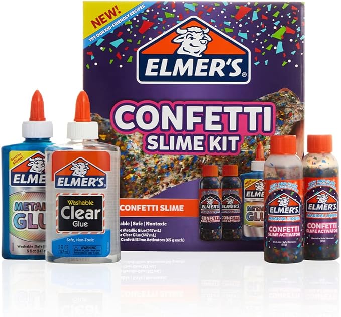 Elmer’s Confetti Slime Kit | Slime Supplies Include Metallic Glue, Clear Glue, Confetti Magical Liquid Slime Activator, 4 Count
