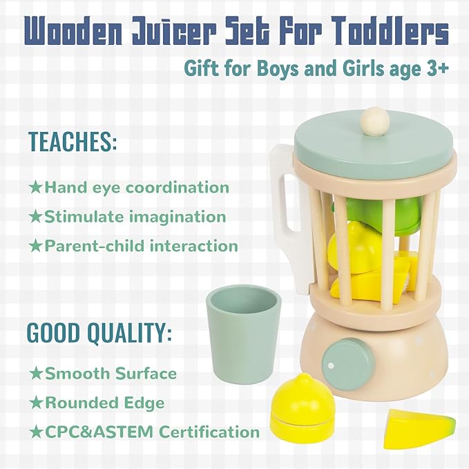 Kids Play Kitchen Toys, Wooden Fruits Juicer for Kids, Pretend Play Kitchen Accessories, Montessori Learning Toy for Toddlers 1-3