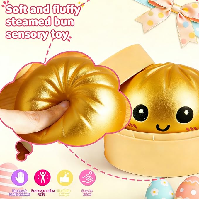 Dumpling Squishy Mystery Box, Super Soft Slow Rising TPR Tear-Resistant Smiley Face Dumpling Toy, Fidget Sensory Toys for Easter Basket Stuffers, Parties, Classroom Prizes Adults Kids( Gold