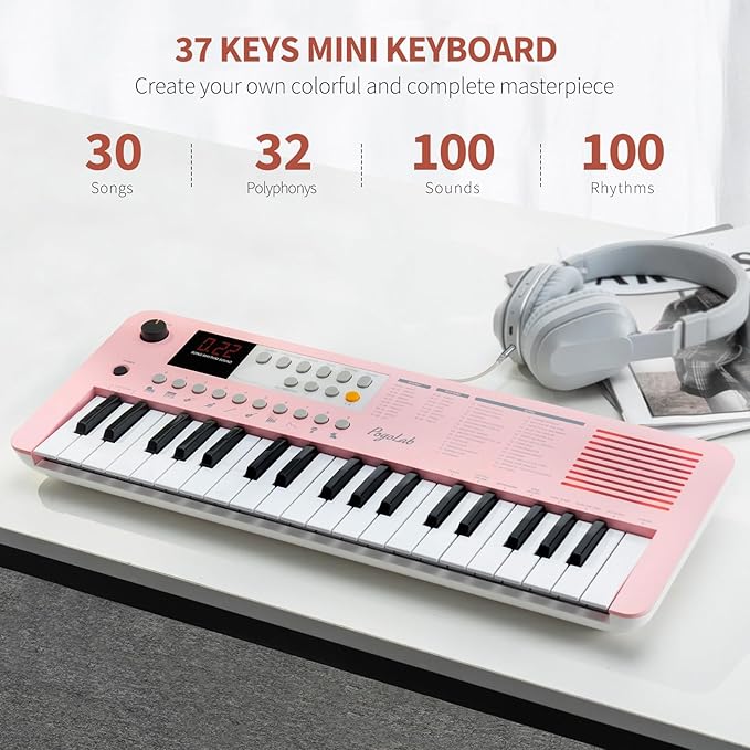 POGOLAB MK1 37 Keys Kids Keyboard Piano, Mini Portable Multi-Function Piano with Excellent Sound Quality, Built-In Speaker & LED Display, Small Electric Music Keyboard Gift for Beginners (Pink)