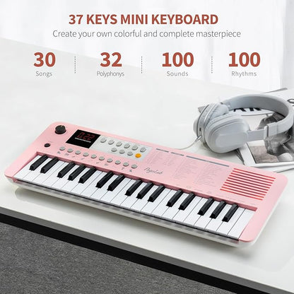 POGOLAB MK1 37 Keys Kids Keyboard Piano, Mini Portable Multi-Function Piano with Excellent Sound Quality, Built-In Speaker & LED Display, Small Electric Music Keyboard Gift for Beginners (Pink)