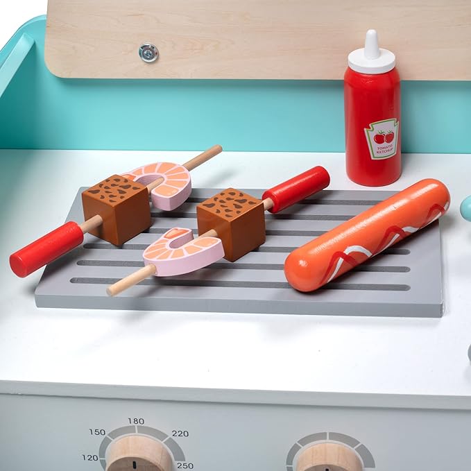 Food Truck Wooden Playset- 20 Fun Toy Pieces Including Cook Top, Steering Wheel, Sticker Sheet for Kids Name - Includes Food Tray, Pizza Slices & More, Dual Sided Play Stand for Indoor Fun Activity