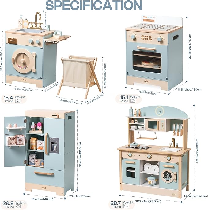 ROBUD Kids Corner Kitchen Playset, Wooden Play Kitchen Set with Realistic Sound, Ice Maker, Fridge, Oven, Washing Machine, Pretend Play Toy Kitchen Set, Gift for Boys Girls, Blue