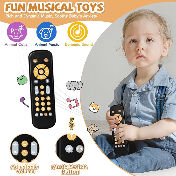 Orzbow Baby Remote Control Toy for 6 Months+ with Music, TV Remote Toy with Realistic Light and Sound - English, French and Spanish for Infant Play - BPA Free, Black