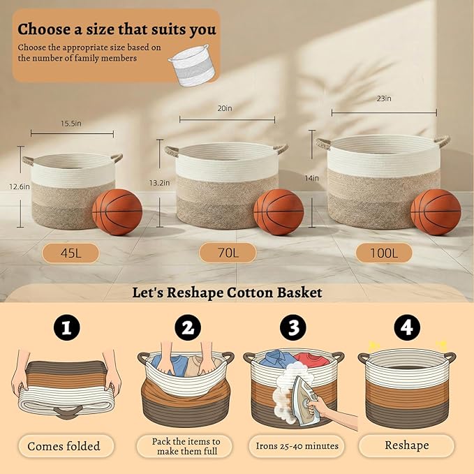 Artfeel 40L Large Cotton Rope Basket, Decorative Woven Blanket Storage for Living Room, Boho Toy Storage & Toy Box for Kids, Versatile Laundry Basket & Nursery Hamper for Blankets(Brownyellow)
