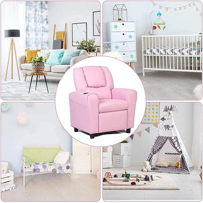 ARLIME Kids Recliner chair, toddler Armchair Upholstered Couch with Cup Holder, Backrest, baby Leather sofa with Headrest and Footrest, Child Furniture for Ages 2-7(Pink)