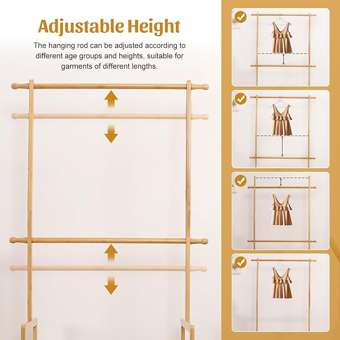 Kids Clothing Rack Bamboo with 2 Storage Baskets and 2 Adjustable Hanging Rods,Child Garment Holder with Shelf, Dress up Racks for Playroom,Toddlers Bedroom (Natural)